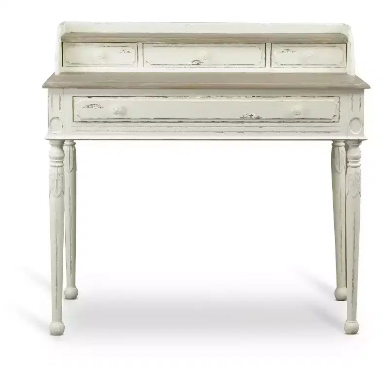 Scrivania in stile francese tradizionale – Bianco e marrone chiaro, 4 cassetti, piano in legno di Mindi