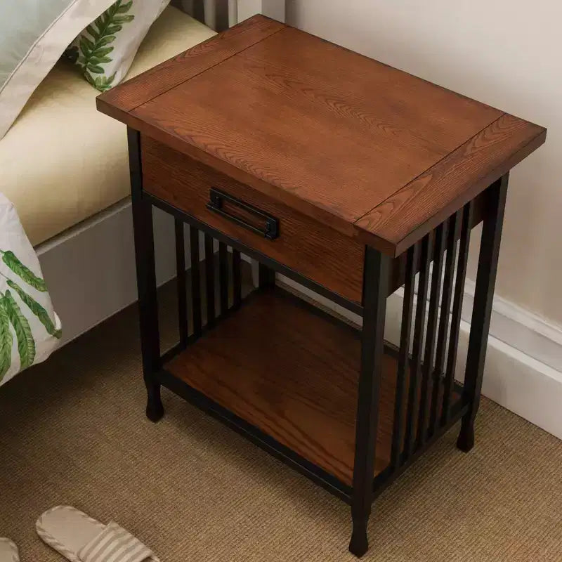 Comodino in Legno di Frassino con Cassetto e Ripiano Aperto