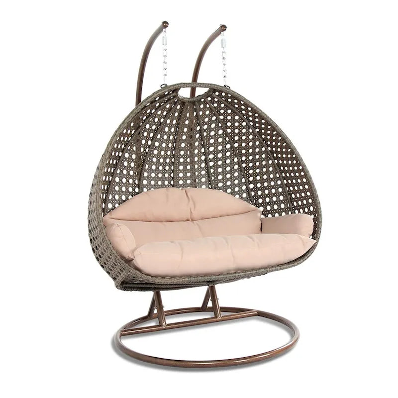Sedia sospesa a dondolo a forma di uovo con supporto in metallo, struttura in vimini e cuscino – Beige / Blu antracite / Bianco / Blu / Bianco antico / Marrone / Tela, 2 posti