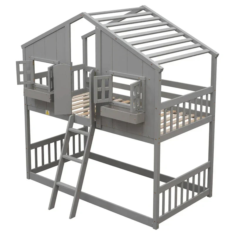 Letto a castello a casetta singolo su singolo con tetto, finestra, fioriera, porta, con sponde di sicurezza e scaletta, Grigio