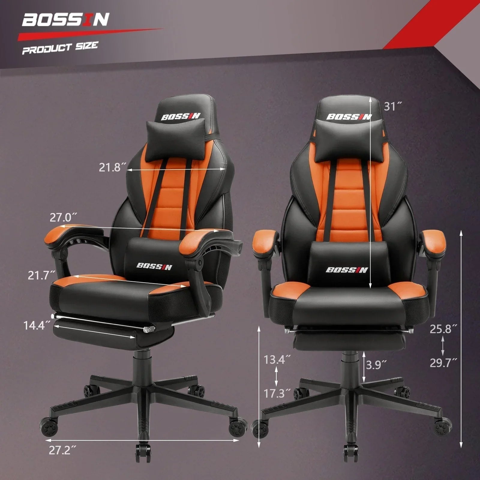 Chaise de jeu style course BOSSIN, fauteuil gamer grande taille 300 lb, chaise d'ordinateur à dossier haut