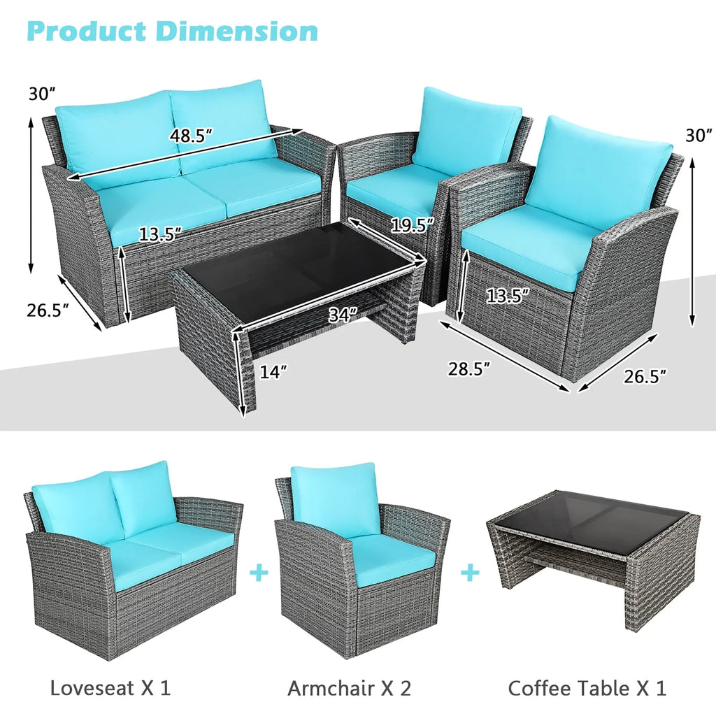 Set divano da patio 4 pezzi con tavolino da caffè, set da conversazione per esterni