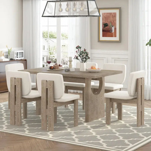 Set da pranzo 7 pezzi, set da cucina in legno massello con tavolo rettangolare, base a cavalletto di design e 6 sedie imbottite