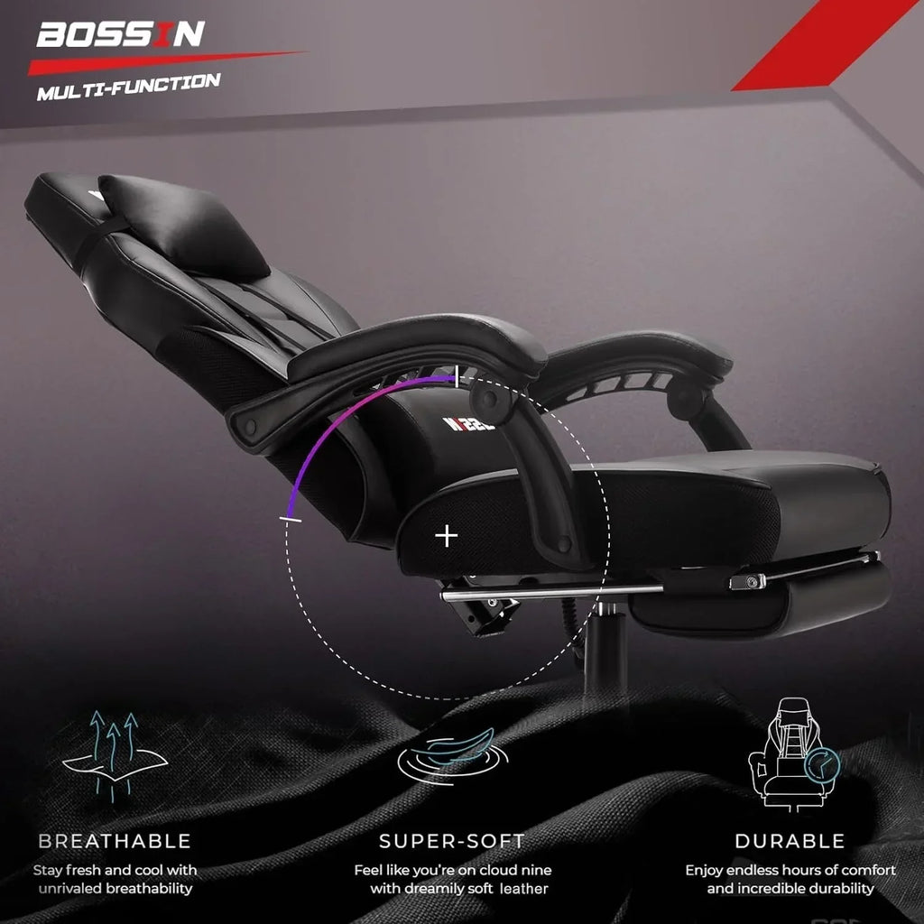 Chaise de jeu style course BOSSIN, fauteuil gamer grande taille 300 lb, chaise d'ordinateur à dossier haut