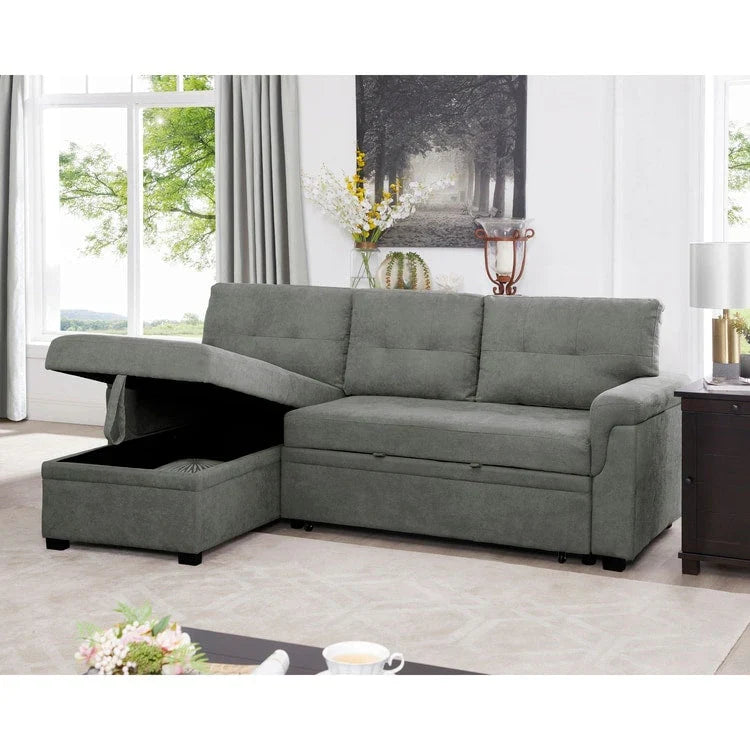 Divano sezionale reversibile con letto estraibile, chaise longue con contenitore nascosto, gambe durevoli,
