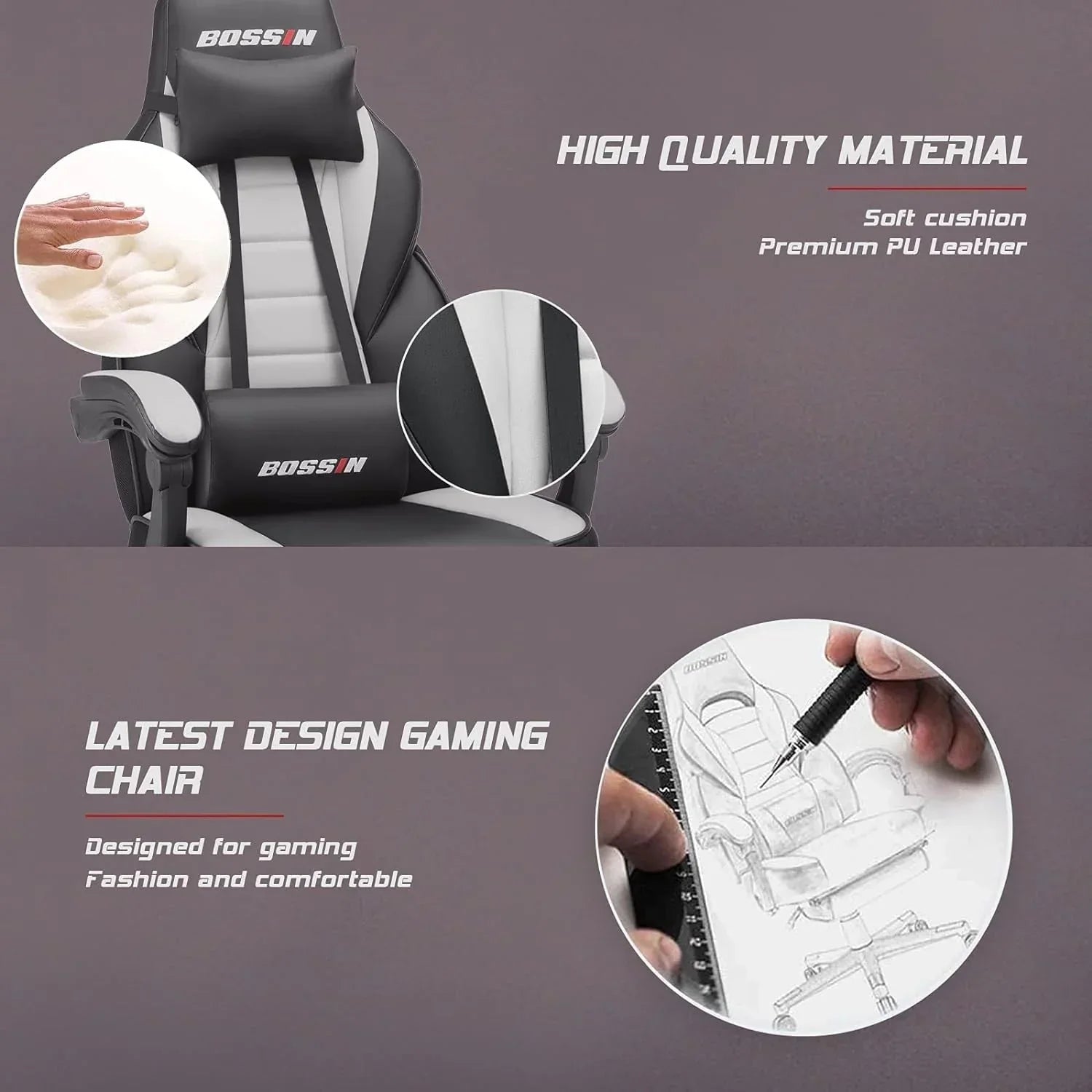 Chaise de jeu style course BOSSIN, fauteuil gamer grande taille 300 lb, chaise d'ordinateur à dossier haut
