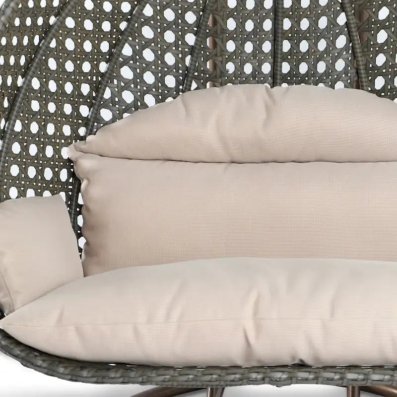 Sedia sospesa a dondolo a forma di uovo con supporto in metallo, struttura in vimini e cuscino – Beige / Blu antracite / Bianco / Blu / Bianco antico / Marrone / Tela, 2 posti
