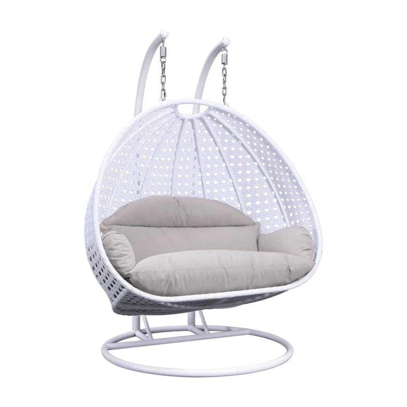Sedia sospesa a dondolo a forma di uovo con supporto in metallo, struttura in vimini e cuscino – Beige / Blu antracite / Bianco / Blu / Bianco antico / Marrone / Tela, 2 posti