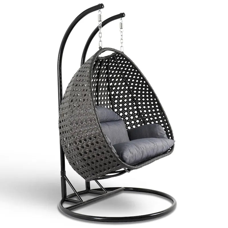 Sedia sospesa a dondolo a forma di uovo con supporto in metallo, struttura in vimini e cuscino – Beige / Blu antracite / Bianco / Blu / Bianco antico / Marrone / Tela, 2 posti