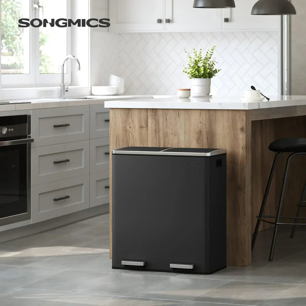 SONGMICS Poubelle double, 60L, en acier inoxydable, noire