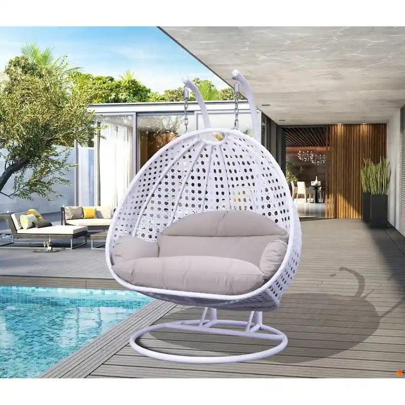 Sedia sospesa a dondolo a forma di uovo con supporto in metallo, struttura in vimini e cuscino – Beige / Blu antracite / Bianco / Blu / Bianco antico / Marrone / Tela, 2 posti