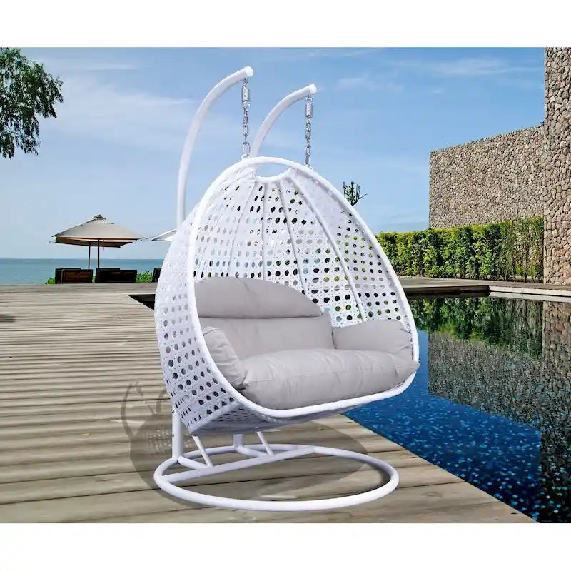 Sedia sospesa a dondolo a forma di uovo con supporto in metallo, struttura in vimini e cuscino – Beige / Blu antracite / Bianco / Blu / Bianco antico / Marrone / Tela, 2 posti