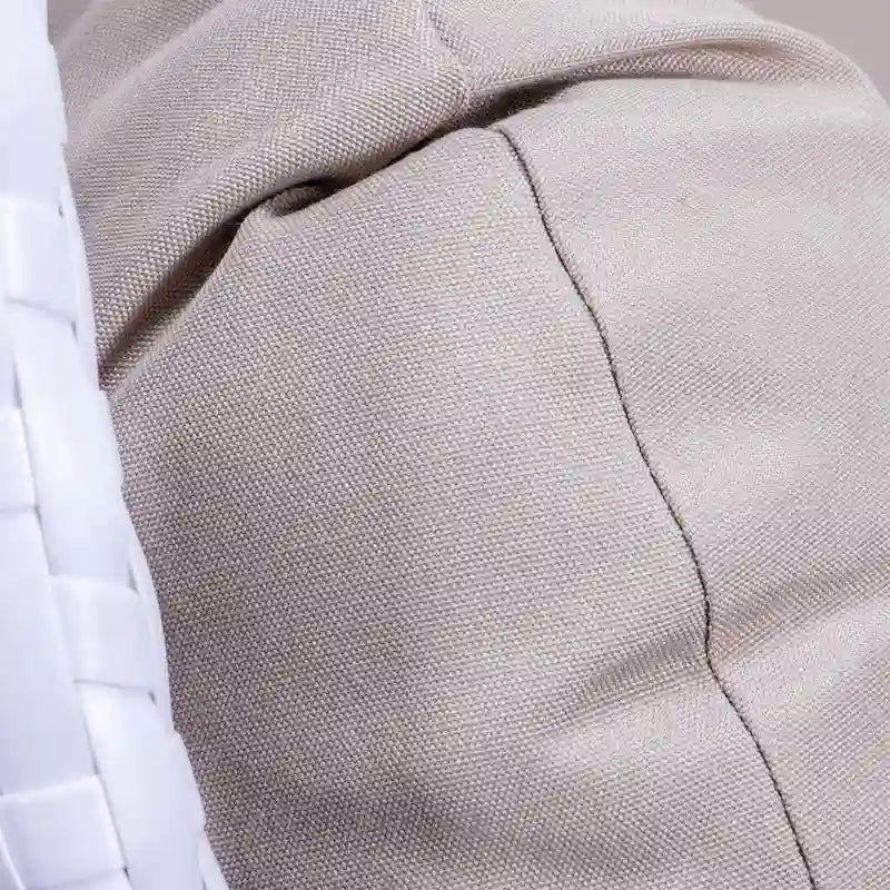 Sedia sospesa a dondolo a forma di uovo con supporto in metallo, struttura in vimini e cuscino – Beige / Blu antracite / Bianco / Blu / Bianco antico / Marrone / Tela, 2 posti