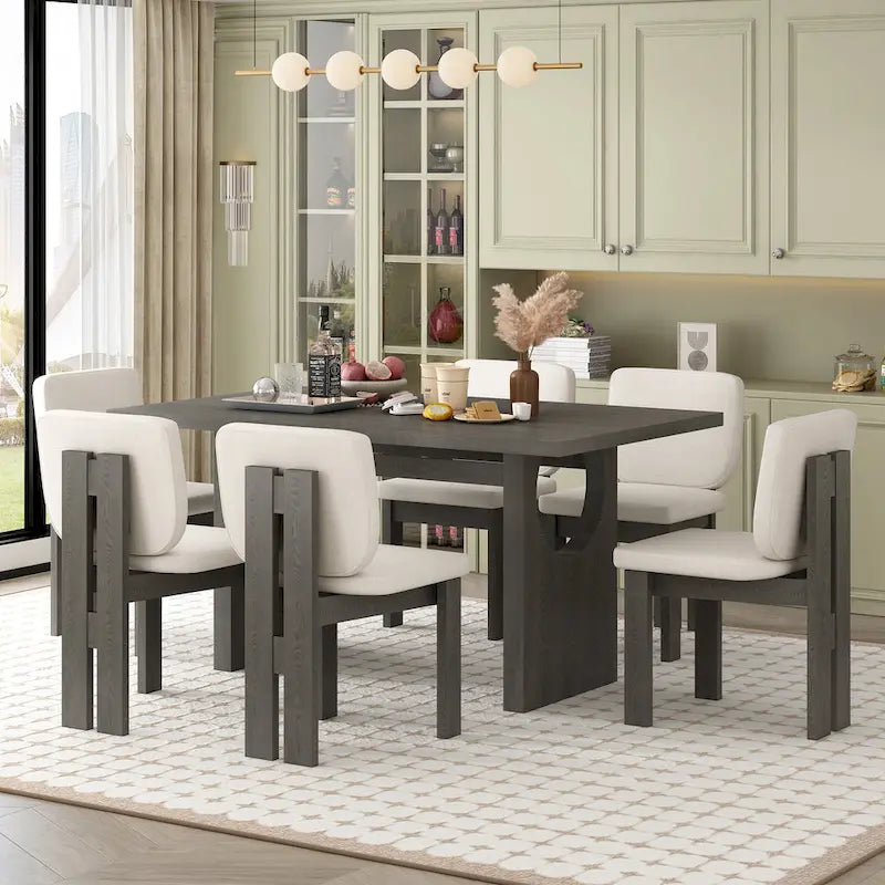Set da pranzo 7 pezzi, set da cucina in legno massello con tavolo rettangolare, base a cavalletto di design e 6 sedie imbottite