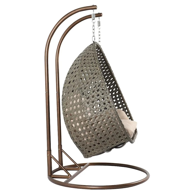 Sedia sospesa a dondolo a forma di uovo con supporto in metallo, struttura in vimini e cuscino – Beige / Blu antracite / Bianco / Blu / Bianco antico / Marrone / Tela, 2 posti