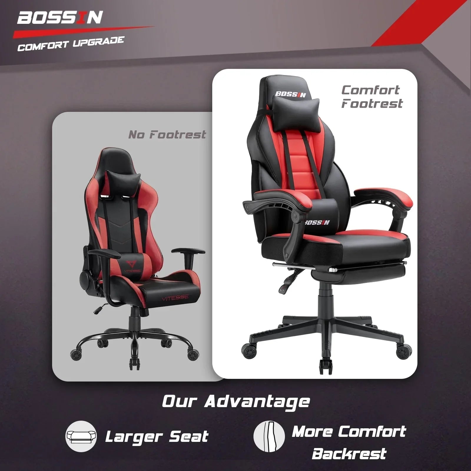 Chaise de jeu style course BOSSIN, fauteuil gamer grande taille 300 lb, chaise d'ordinateur à dossier haut