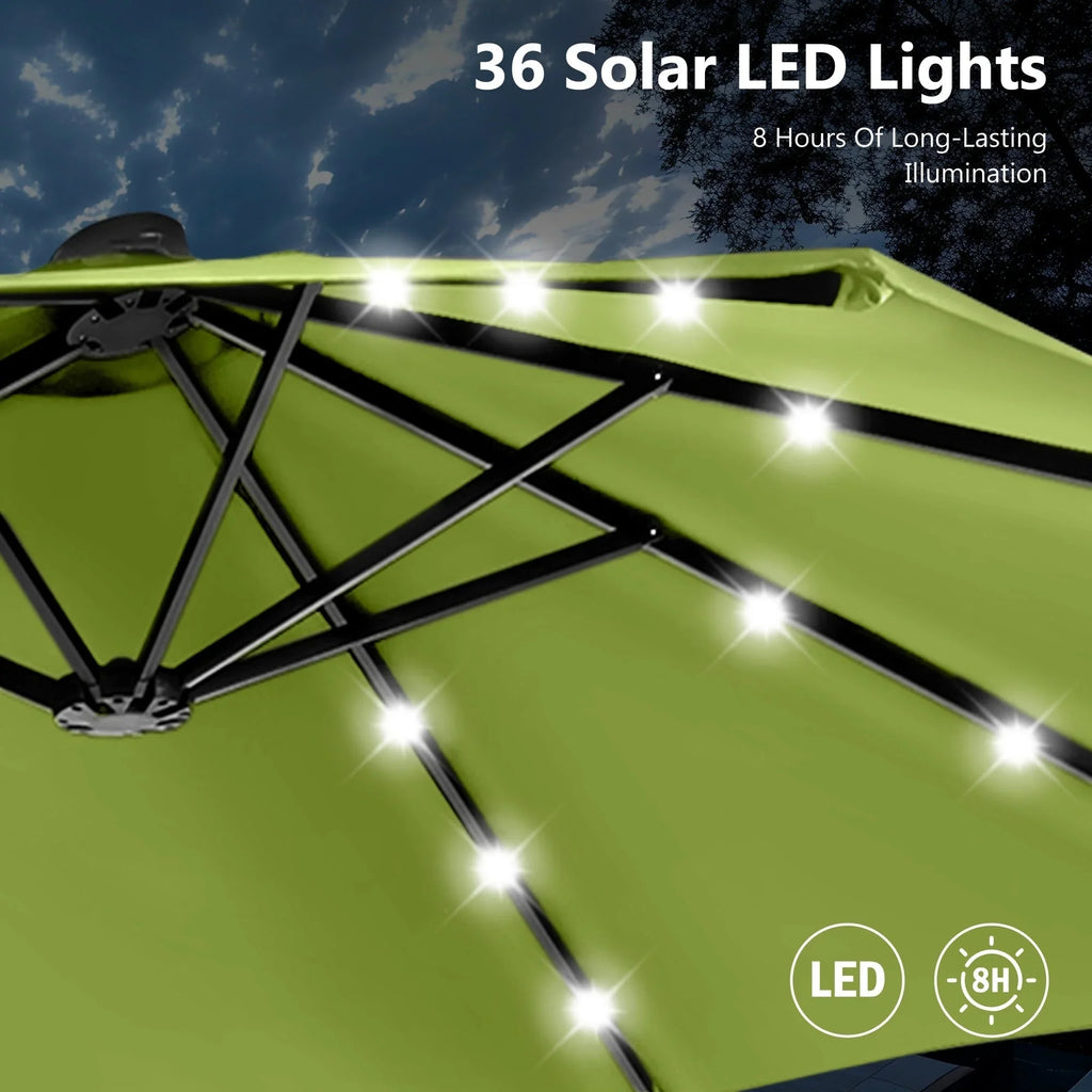 MAISON ARTS 15-foot Rectangular Crank Double-sided Outdoor Market Umbrella Solar LED Lighted Patio Umbrella with Base Included