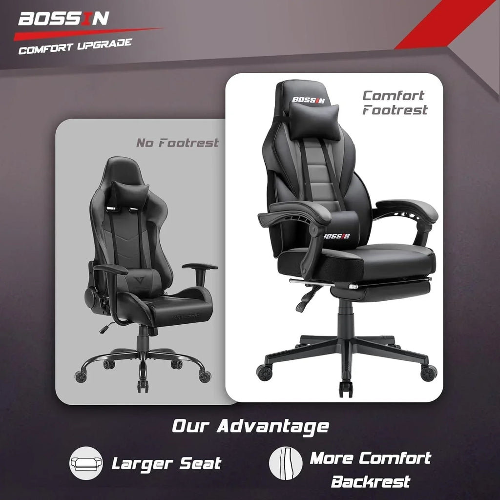 Chaise de jeu style course BOSSIN, fauteuil gamer grande taille 300 lb, chaise d'ordinateur à dossier haut