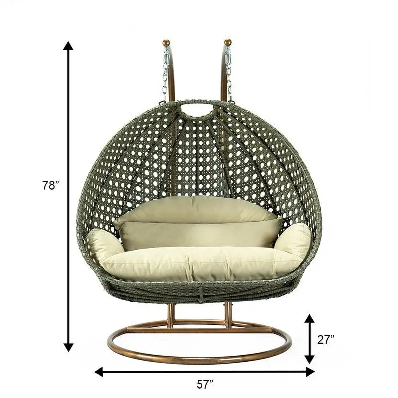 Sedia sospesa a dondolo a forma di uovo con supporto in metallo, struttura in vimini e cuscino – Beige / Blu antracite / Bianco / Blu / Bianco antico / Marrone / Tela, 2 posti