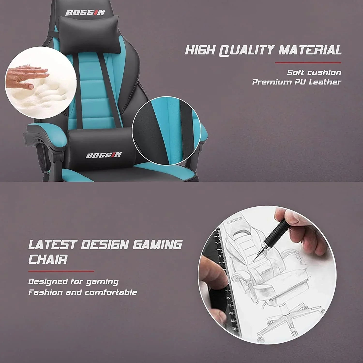 Chaise de jeu style course BOSSIN, fauteuil gamer grande taille 300 lb, chaise d'ordinateur à dossier haut