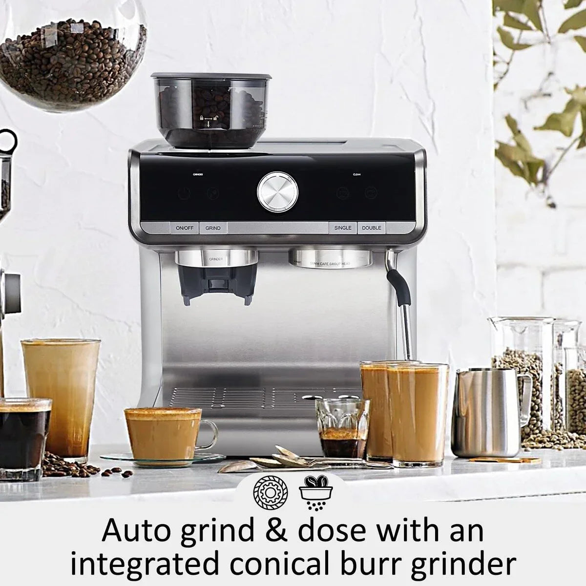 Espresso Coffee Maker, with Grinder, 2.8 L Water Tank