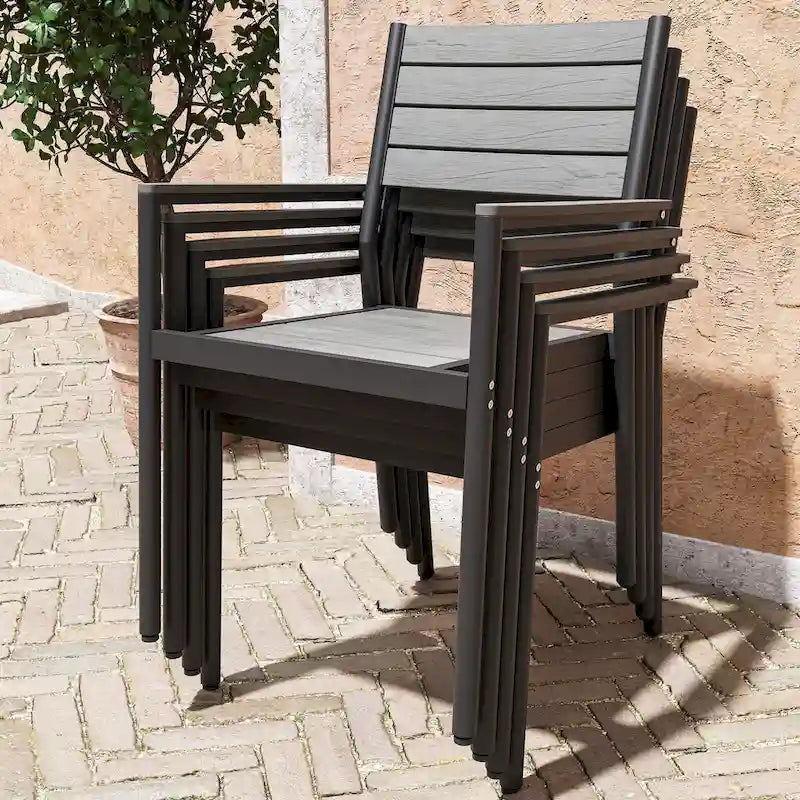 Set da pranzo per esterni a 5/7 posti con sedie impilabili e tavolo allungabile in alluminio
