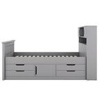 Twin/Full Size Captain Platform Bed with 4 Drawers and Storage Shelves, Solid Wood Bed Frame with Storage Bookcase Headboard