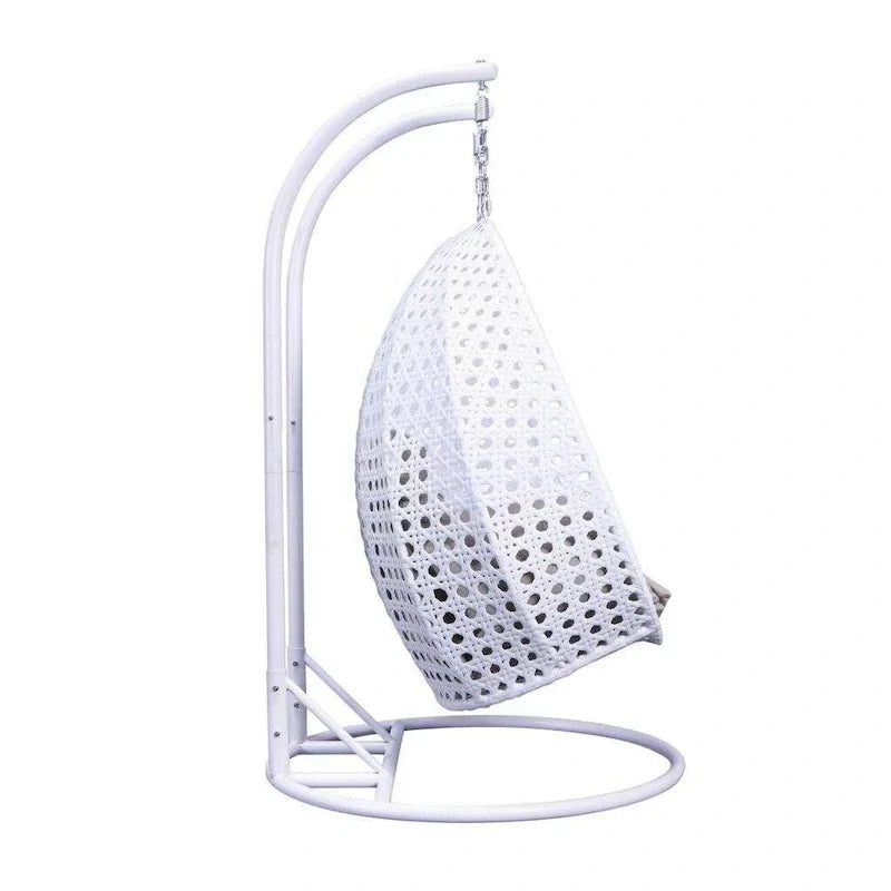 Sedia sospesa a dondolo a forma di uovo con supporto in metallo, struttura in vimini e cuscino – Beige / Blu antracite / Bianco / Blu / Bianco antico / Marrone / Tela, 2 posti
