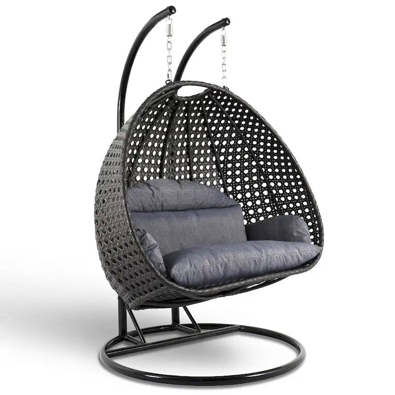 Sedia sospesa a dondolo a forma di uovo con supporto in metallo, struttura in vimini e cuscino – Beige / Blu antracite / Bianco / Blu / Bianco antico / Marrone / Tela, 2 posti