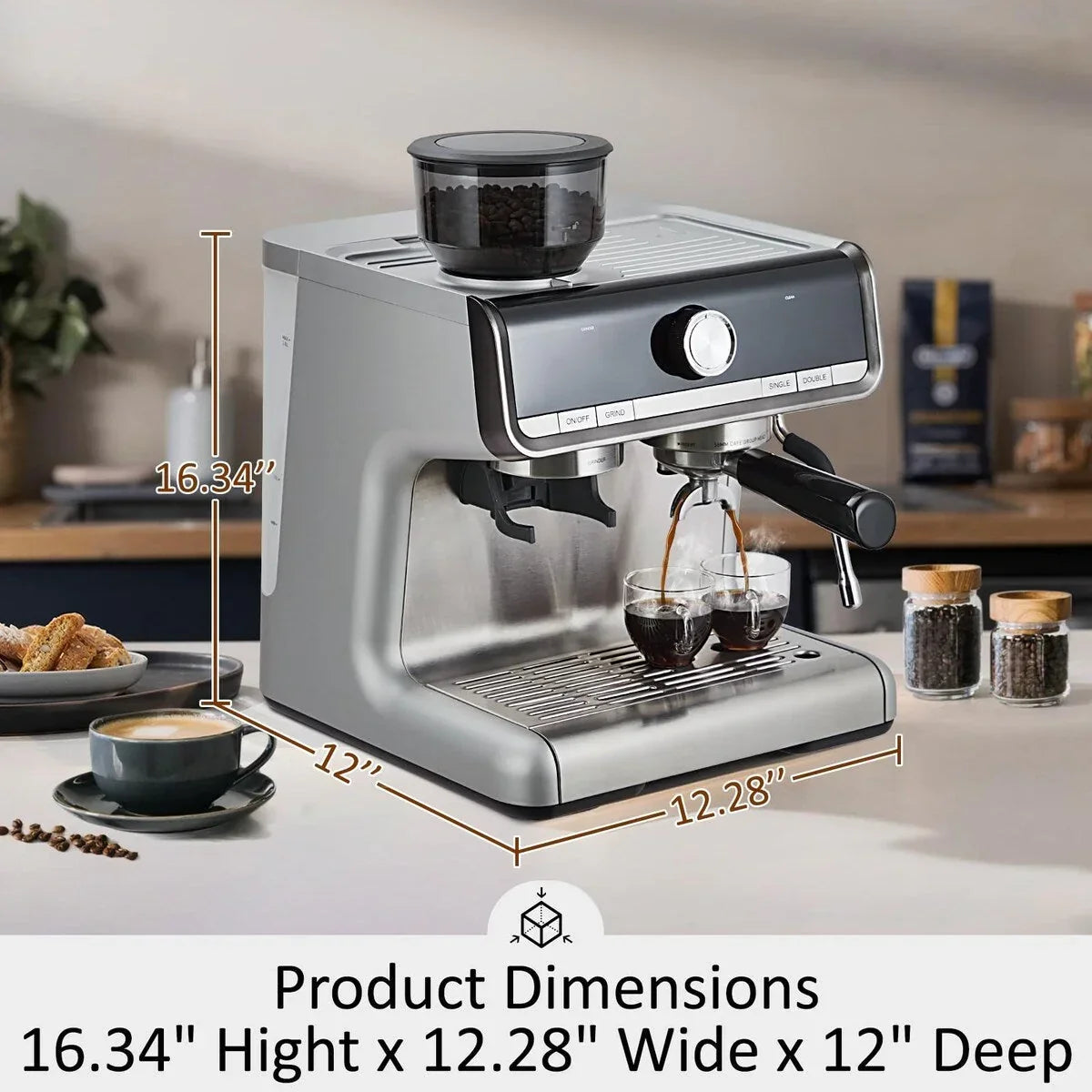 Espresso Coffee Maker, with Grinder, 2.8 L Water Tank