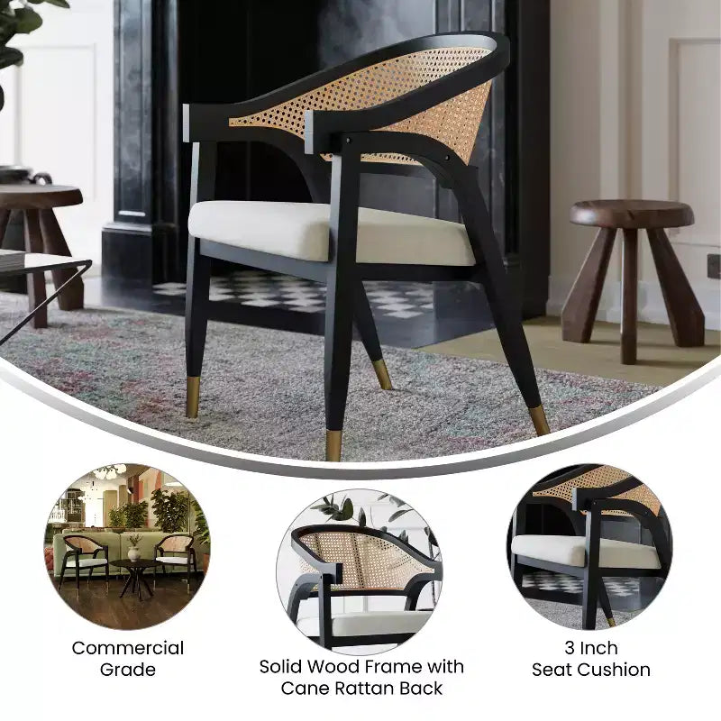 Sedia da pranzo e d'accento in rattan di canna con struttura in legno massello e sedile imbottito