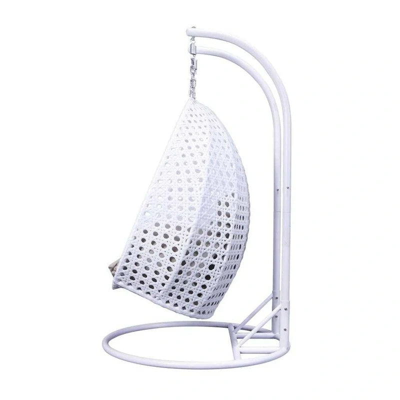 Sedia sospesa a dondolo a forma di uovo con supporto in metallo, struttura in vimini e cuscino – Beige / Blu antracite / Bianco / Blu / Bianco antico / Marrone / Tela, 2 posti