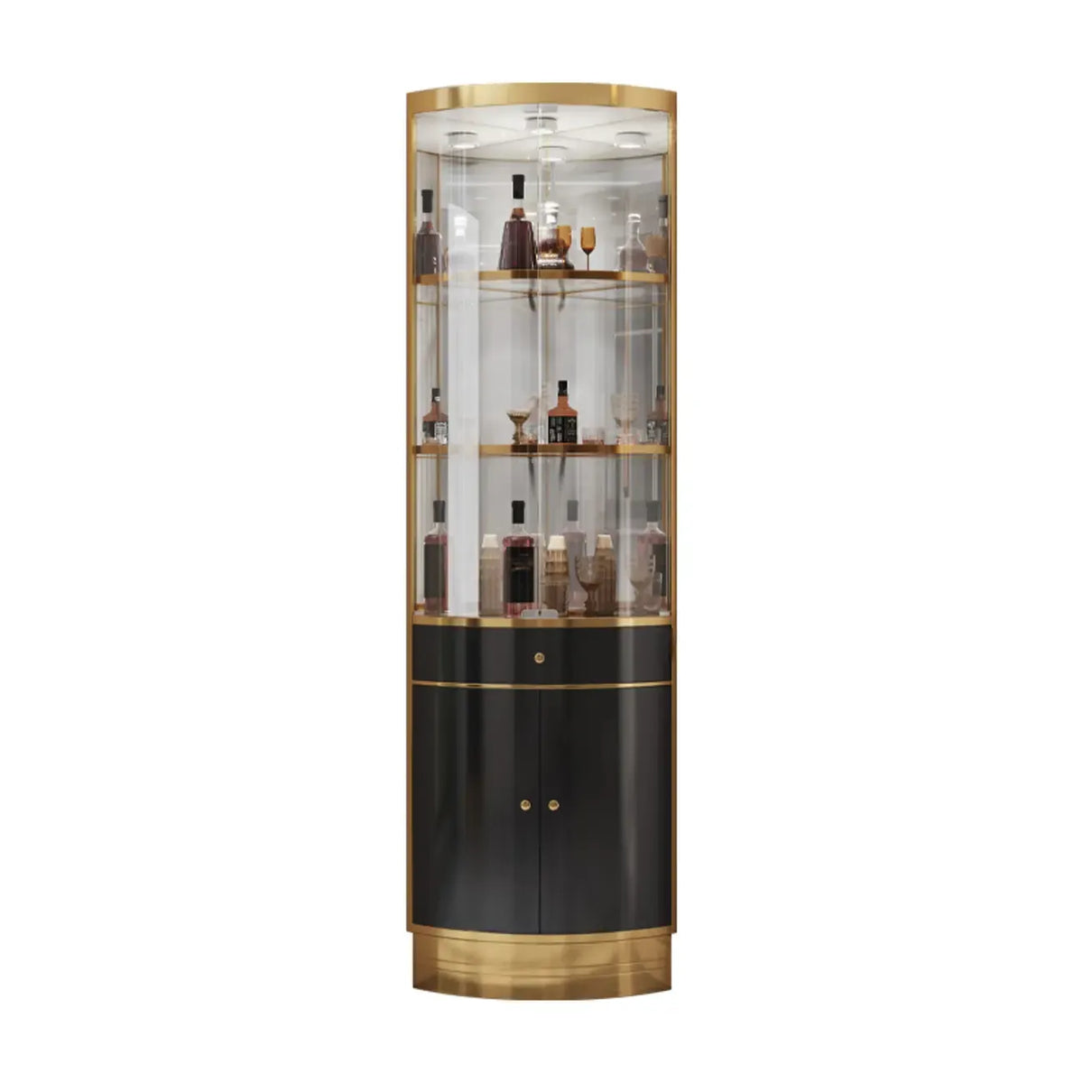 Multiple Levels Glass and Metal Shelf Storage Display Corner Wine Cabinet