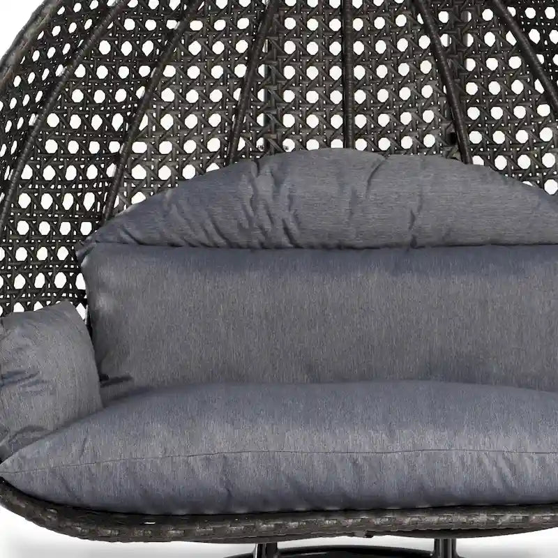 Sedia sospesa a dondolo a forma di uovo con supporto in metallo, struttura in vimini e cuscino – Beige / Blu antracite / Bianco / Blu / Bianco antico / Marrone / Tela, 2 posti