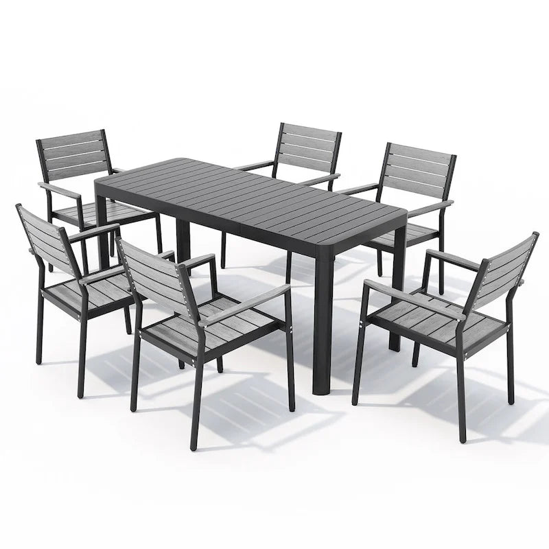 Set da pranzo per esterni a 5/7 posti con sedie impilabili e tavolo allungabile in alluminio