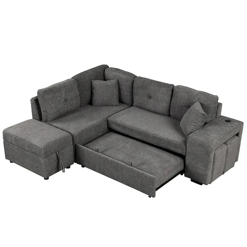 Canapé d'angle convertible avec pouf de rangement, canapé-lit pour salon