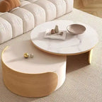 Modern Round Coffee table, Stone Table-top, Natural Wood - 50  x 31.5