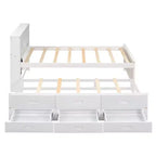 Platform Bed with Trundle and Drawers, Storage Platform Bed with USB, Wood Platform Bed with Bookcase