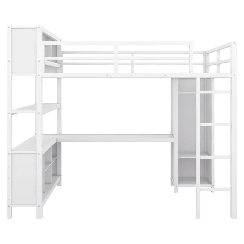 Letto a soppalco in metallo Off-White con scrivania e armadio - Matrimoniale