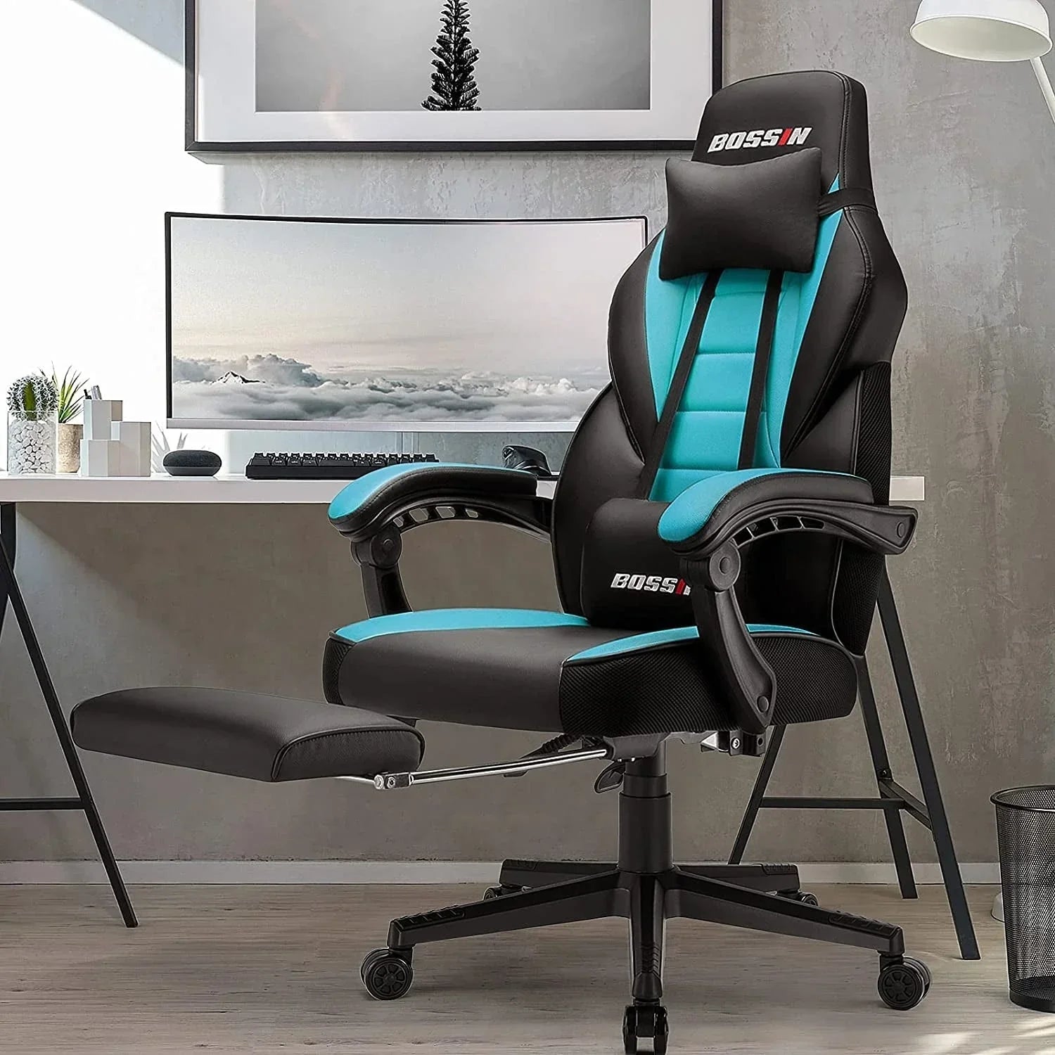 Chaise de jeu style course BOSSIN, fauteuil gamer grande taille 300 lb, chaise d'ordinateur à dossier haut