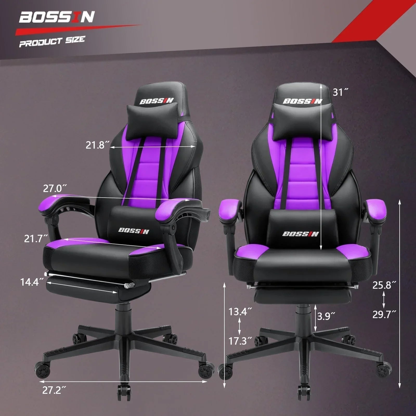 Chaise de jeu style course BOSSIN, fauteuil gamer grande taille 300 lb, chaise d'ordinateur à dossier haut