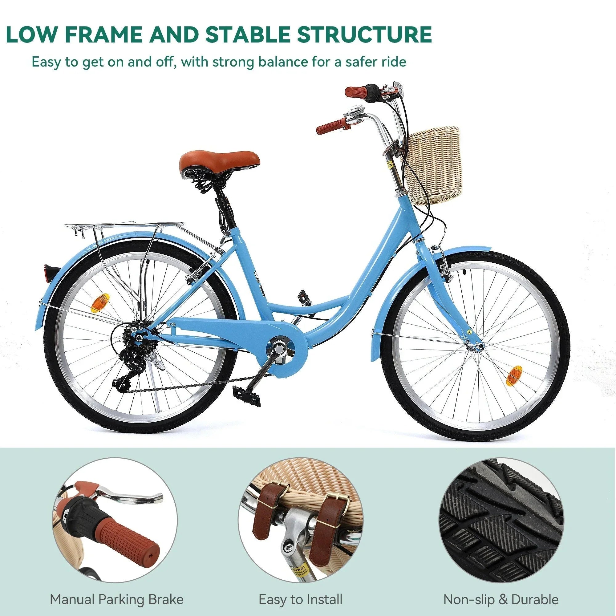 Moasis24/26 Vélo Cruiser 7 Vitesses, Vélo à Cadre Bas Ajustable, Vélo de Ville, Bicyclette