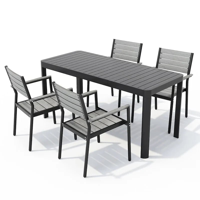 Set da pranzo per esterni a 5/7 posti con sedie impilabili e tavolo allungabile in alluminio