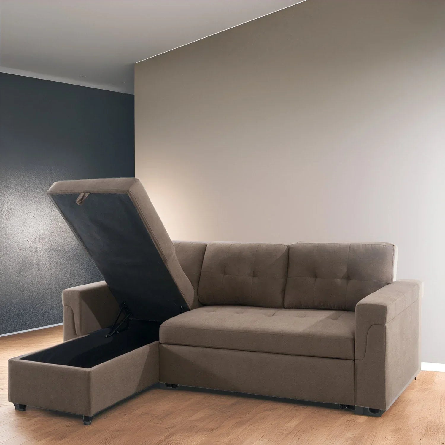 Canapé d'angle réversible convertible avec lit gigogne, méridienne de rangement et pieds durables