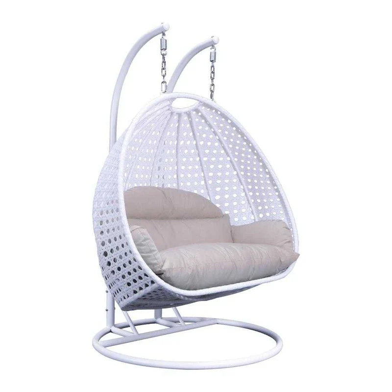 Sedia sospesa a dondolo a forma di uovo con supporto in metallo, struttura in vimini e cuscino – Beige / Blu antracite / Bianco / Blu / Bianco antico / Marrone / Tela, 2 posti