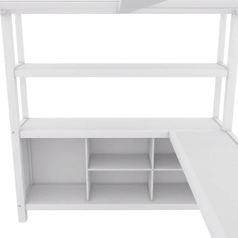 Letto a soppalco in metallo Off-White con scrivania e armadio - Matrimoniale