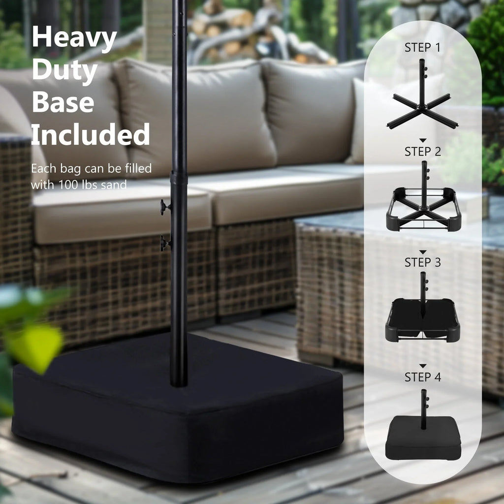 MAISON ARTS 15-foot Rectangular Crank Double-sided Outdoor Market Umbrella Solar LED Lighted Patio Umbrella with Base Included