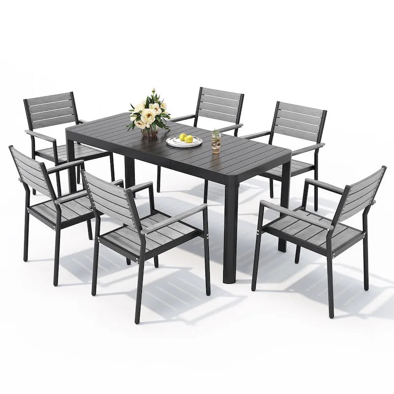 Set da pranzo per esterni a 5/7 posti con sedie impilabili e tavolo allungabile in alluminio