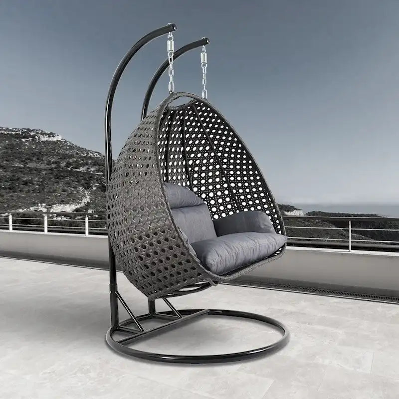 Sedia sospesa a dondolo a forma di uovo con supporto in metallo, struttura in vimini e cuscino – Beige / Blu antracite / Bianco / Blu / Bianco antico / Marrone / Tela, 2 posti