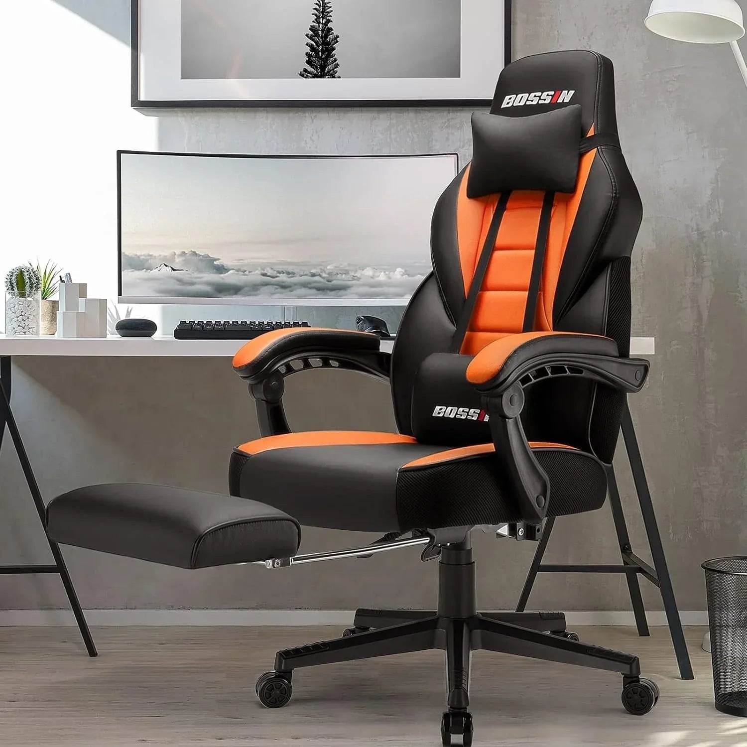 Chaise de jeu style course BOSSIN, fauteuil gamer grande taille 300 lb, chaise d'ordinateur à dossier haut